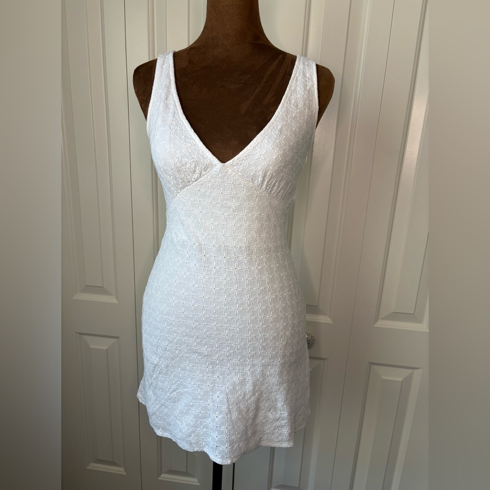 Princess Polly White Eyelet V-Neck Mini Dress 0